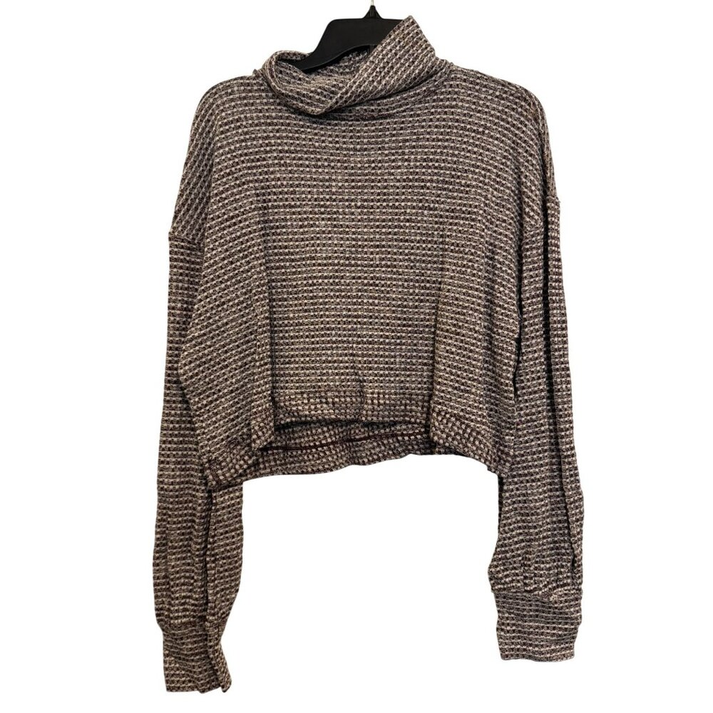 Free People Waffle Knit Cropped Sweater Womens Large Beige/Burgundy Long Sleeve